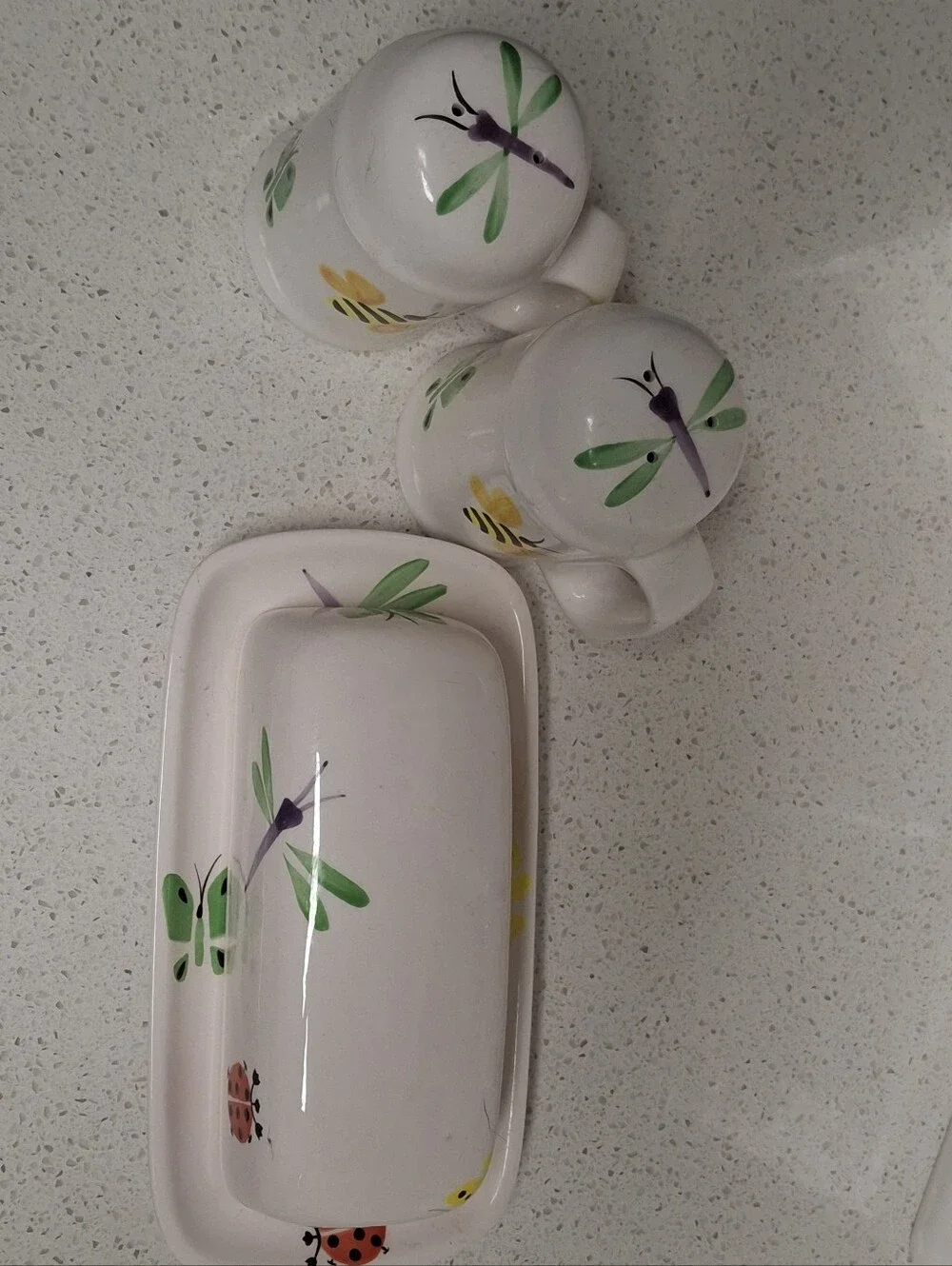 Butter Dish and Salt And Pepper Shaker Set with Dragonfly & Insect Accents - Whe